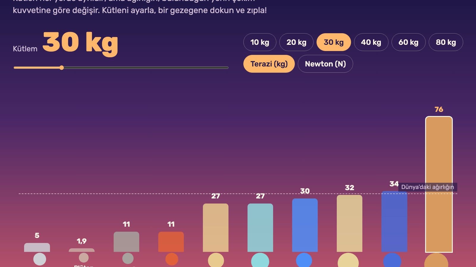 Başka Gezegende Kaç Kilosun? oyunundan ekran görüntüsü
