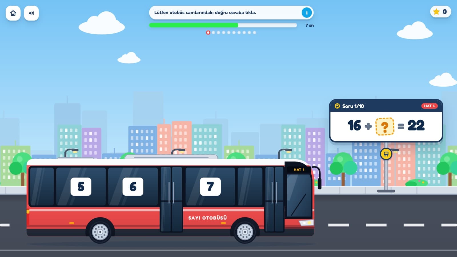 Sayı Otobüsü oyunundan bir soru: 16 + ? = 22