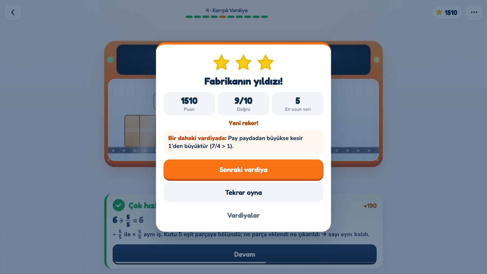 Sonuç ekranı: 9/10 doğru, 3 yıldız, en uzun seri 5