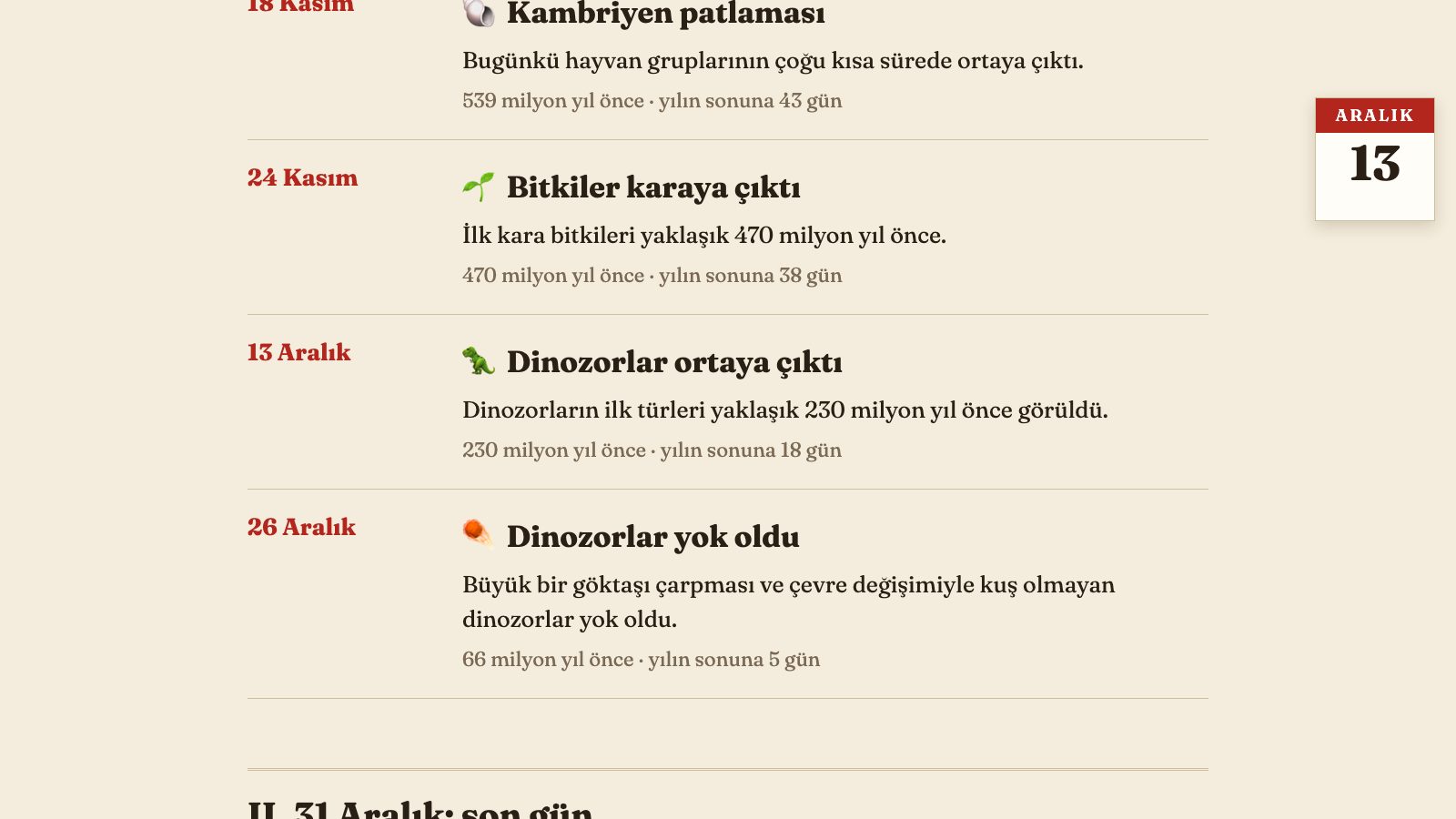 Dünya Tarihi Bir Yıl Olsaydı: takvim