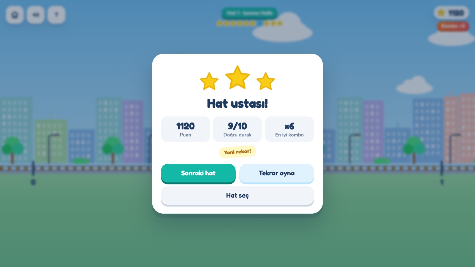 Kesir Hattı sonuç ekranı: 9/10 doğru durak, 3 yıldız, en iyi kombo ×6