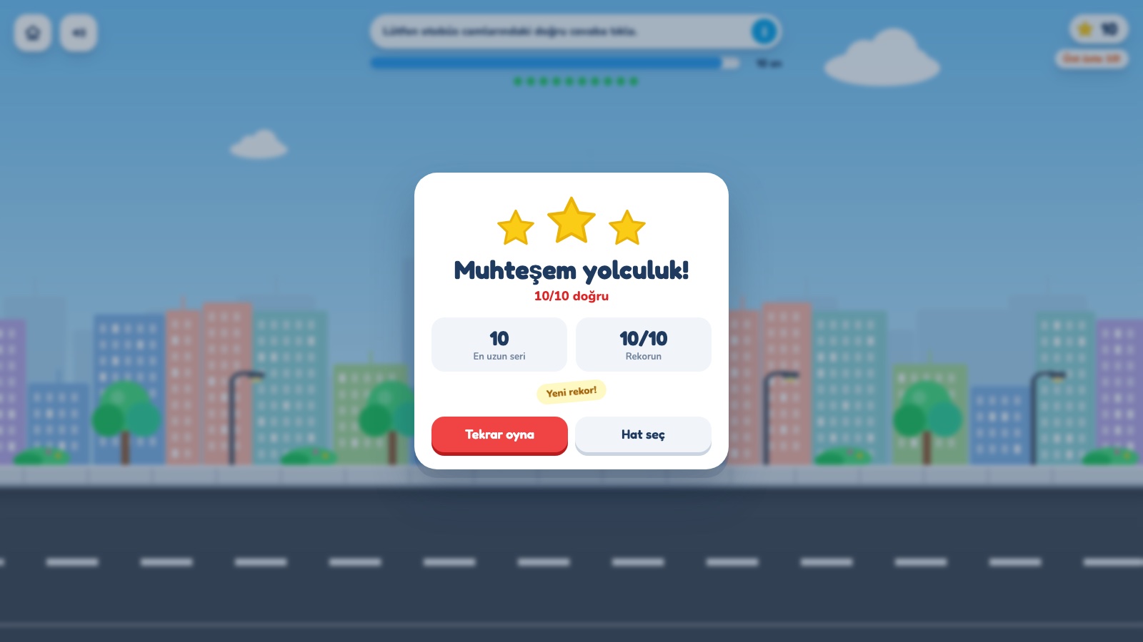 Sayı Otobüsü sonuç ekranı: 10/10 doğru, 3 yıldız